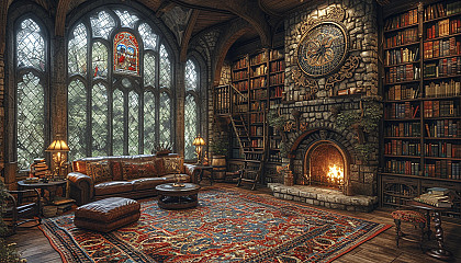 Grand library in a medieval castle, with towering bookshelves, antique maps, a large fireplace, and stained glass windows.