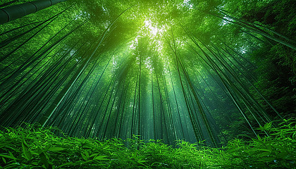 Tranquil bamboo forest with tall, green stalks densely packed, light filtering through leaves, creating a serene, almost mystical atmosphere.