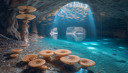 Enter a subterranean cavern illuminated by bioluminescent fungi, creating an eerie, phosphorescent underground world.