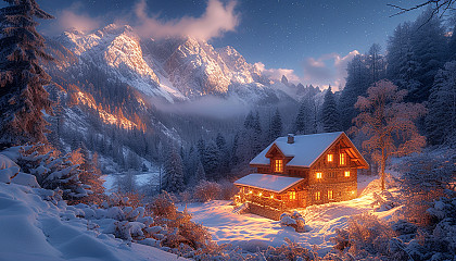 Cozy mountain cabin at winter night, surrounded by snow-covered trees, with warm light from windows and a starry sky above.