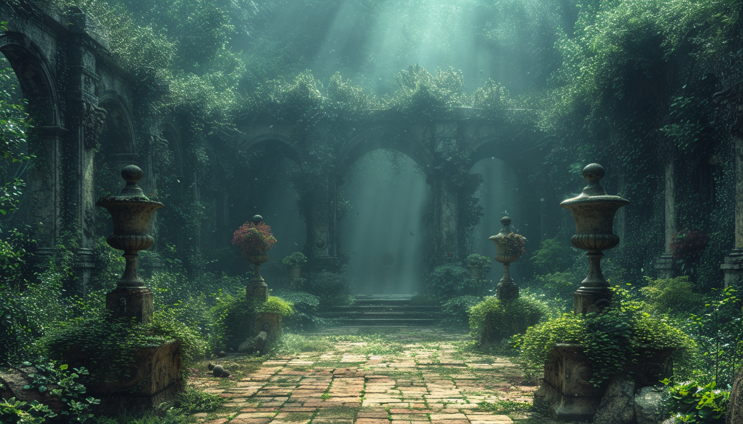 Discover a secret garden hidden within an overgrown maze, filled with hidden treasures, enchanting statues, and a sense of mystery.