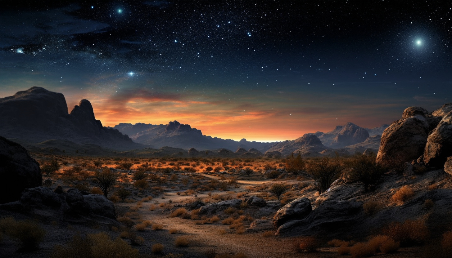 A striking desert landscape under a starlit night sky.