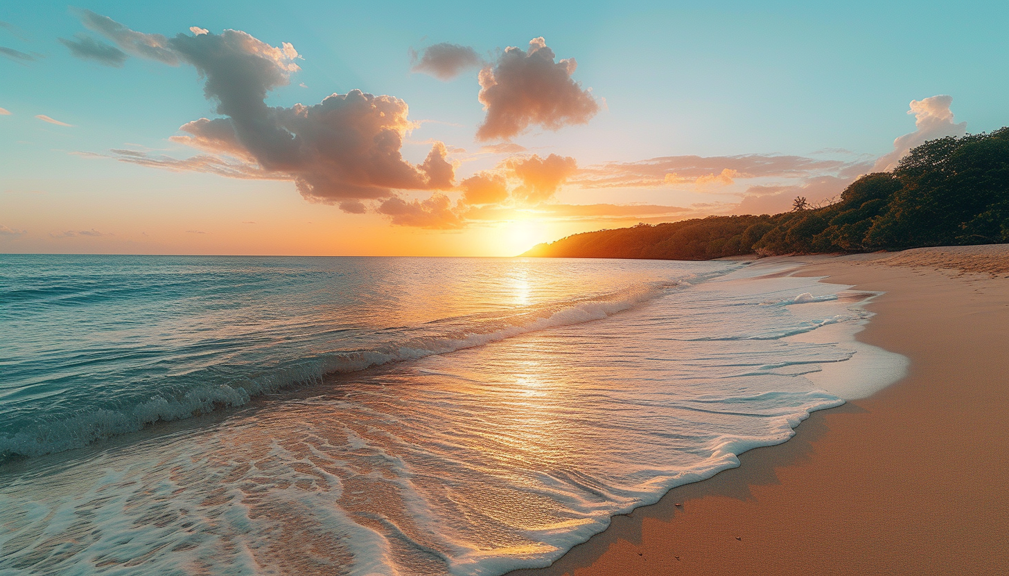 Picture a serene beach at sunset, with golden sands, gentle waves, and a tranquil atmosphere that invites relaxation and reflection.