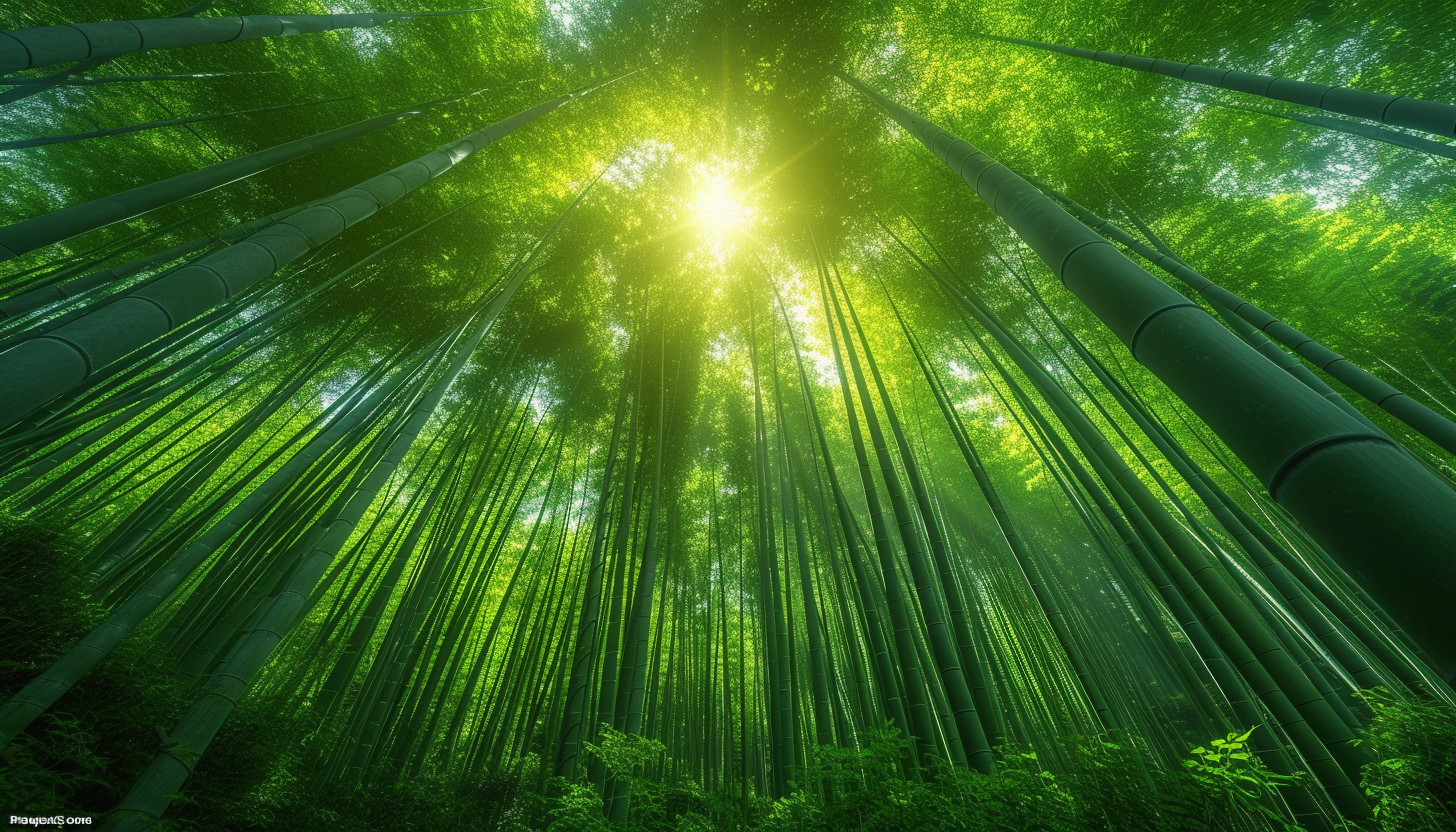 Venture into a serene bamboo forest, where tall bamboo stalks sway gently in the breeze, and dappled sunlight filters through the canopy.