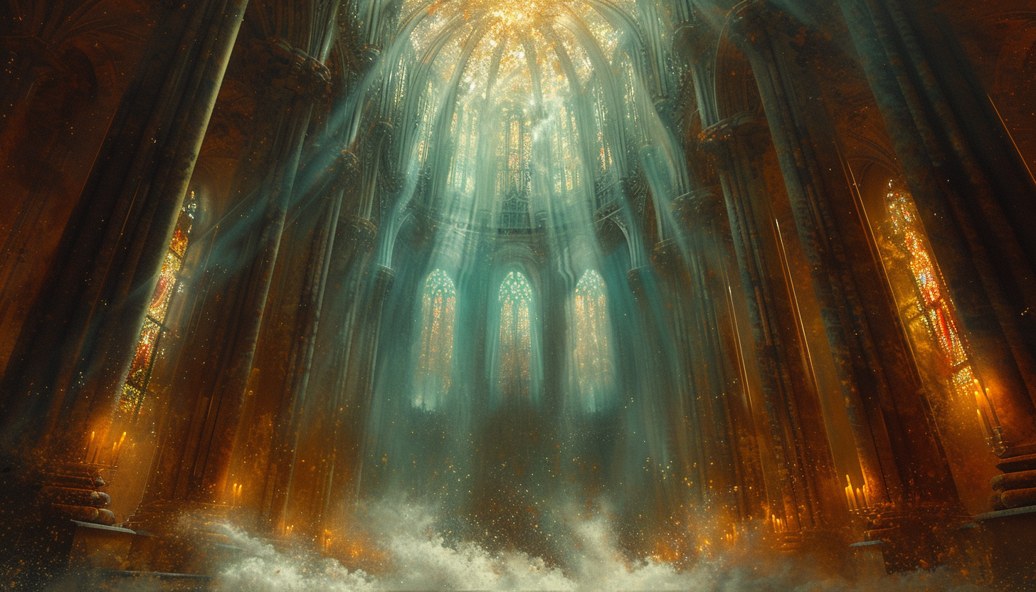 Gothic cathedral interior, with intricate stained glass windows, towering columns, and rays of light filtering through the dust.