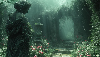 Discover a secret garden hidden within an overgrown maze, filled with hidden treasures, enchanting statues, and a sense of mystery.