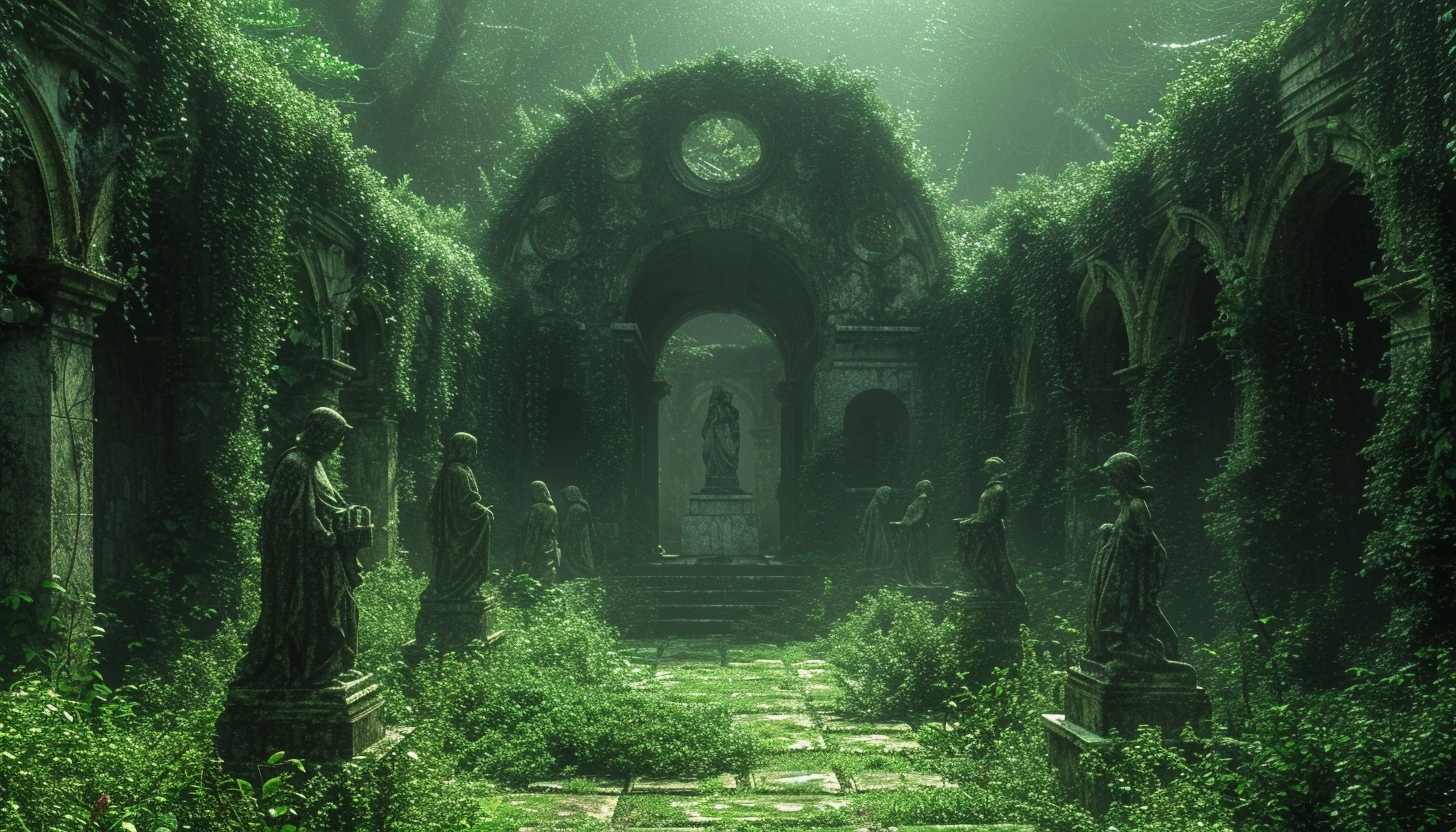 Discover a secret garden hidden within an overgrown maze, filled with hidden treasures, enchanting statues, and a sense of mystery.