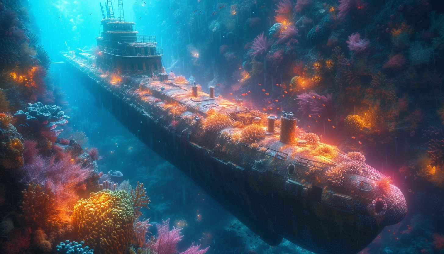 Deep-sea adventure scene with a submarine exploring a coral-covered shipwreck, surrounded by bioluminescent creatures.