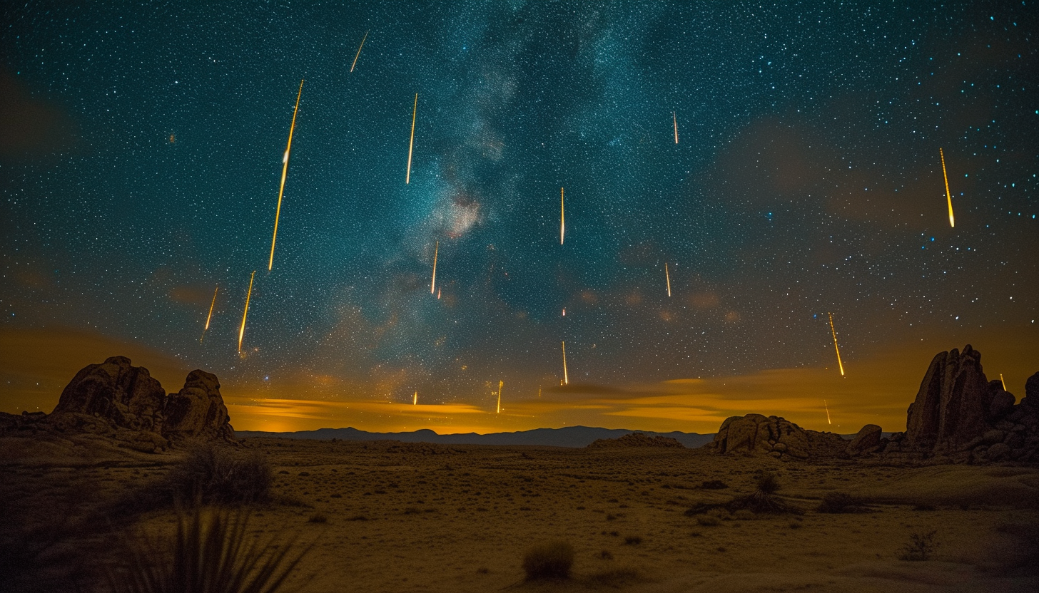 Witness a breathtaking meteor shower in a desert landscape, with shooting stars streaking across the vast, open night sky.