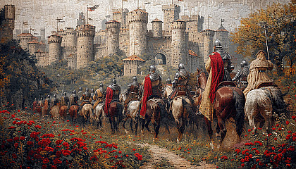 Step into the pages of a medieval tapestry, with knights in armor on horseback, castles in the distance, and a sense of chivalry and adventure.