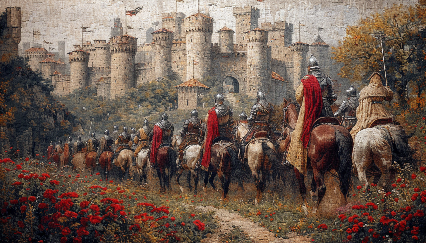 Step into the pages of a medieval tapestry, with knights in armor on horseback, castles in the distance, and a sense of chivalry and adventure.