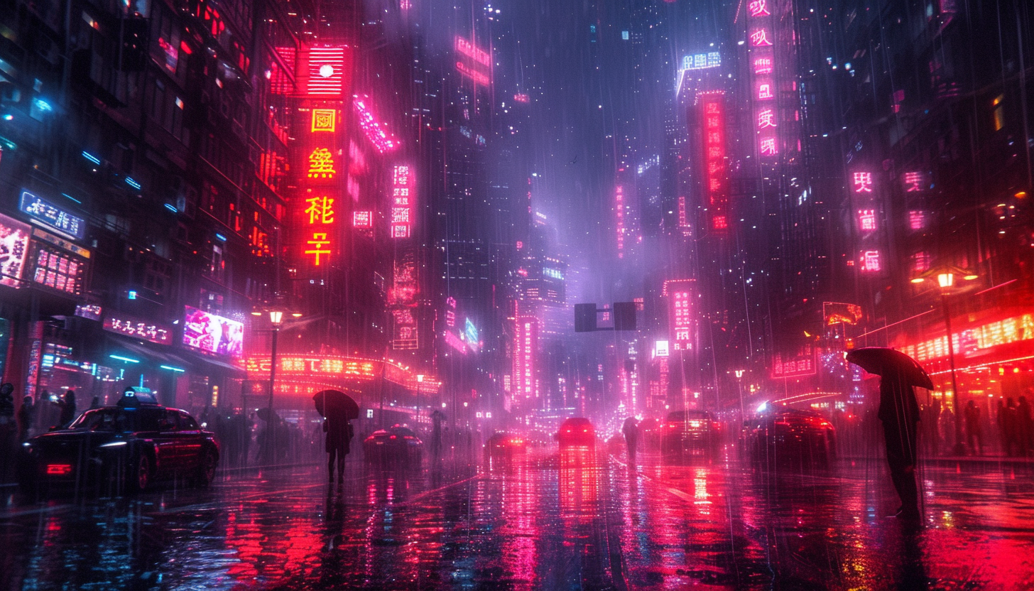 Immerse yourself in a dystopian cyberpunk cityscape, where towering megacorporation buildings cast shadows over neon-lit streets.