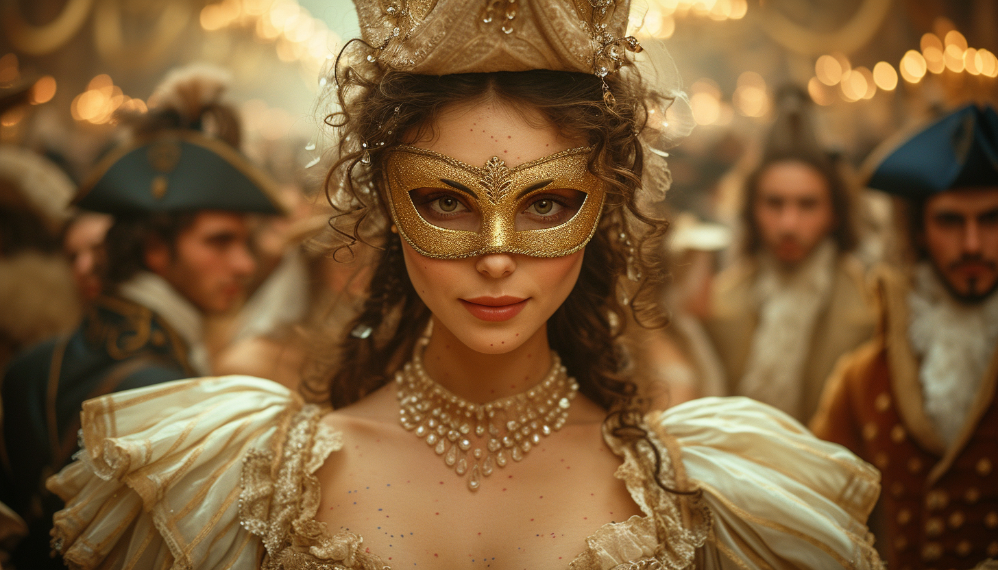 Attend a lavish masquerade ball in a Baroque palace, where masks and elaborate costumes conceal identities as guests waltz under crystal chandeliers.