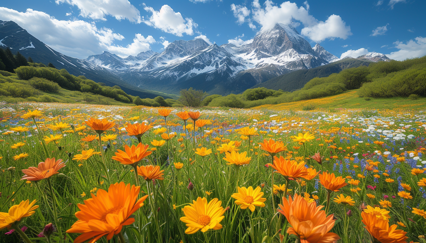 An alpine meadow in full bloom, surrounded by snow-capped mountains, wildflowers, and the sounds of nature.