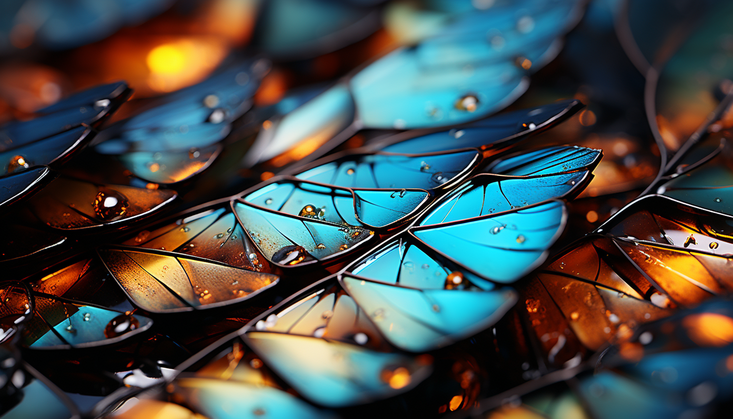 A detailed, macro shot of a butterfly wing, highlighting its intricate patterns and colors.