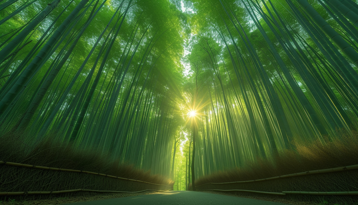 Venture into a serene bamboo forest, where tall bamboo stalks sway gently in the breeze, and dappled sunlight filters through the canopy.