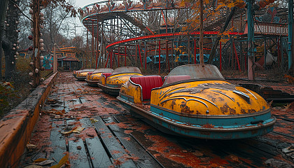 Uncover the mysteries of an abandoned, overgrown amusement park, with rusting rides, faded signs, and a haunting atmosphere of nostalgia.