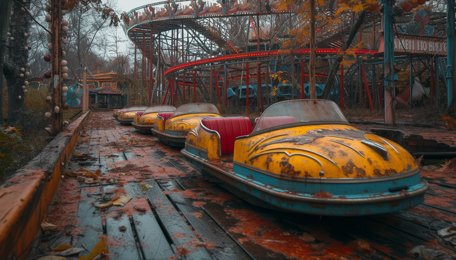 Uncover the mysteries of an abandoned, overgrown amusement park, with rusting rides, faded signs, and a haunting atmosphere of nostalgia.