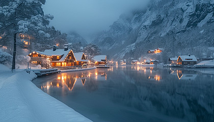 Traditional Nordic village during the Northern Lights, with cozy wooden cabins, a frozen lake, and reindeer grazing nearby.