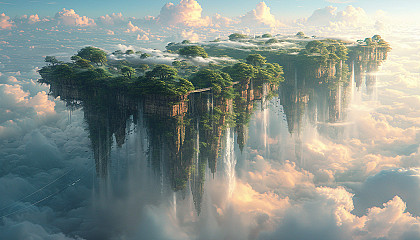 Mystical floating islands in the sky, connected by rope bridges, with waterfalls cascading into the clouds and exotic flora.