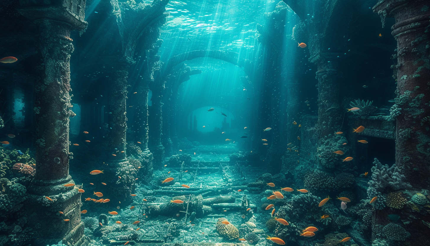 Descend into the depths of a sunken shipwreck on the ocean floor, where ghostly shadows, colorful fish, and hidden treasures await discovery.