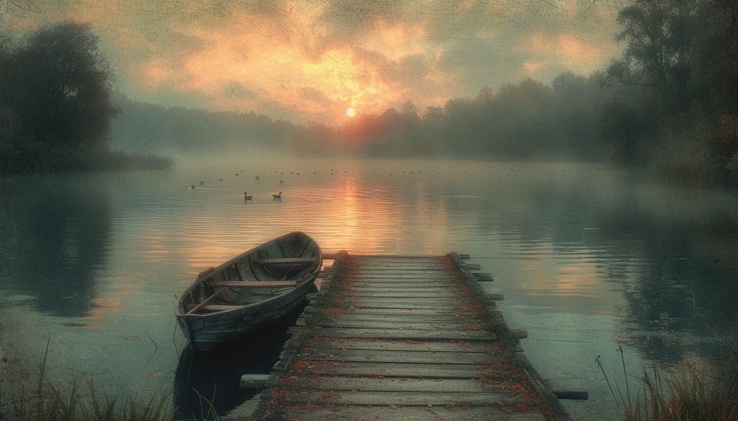 Tranquil lakeside retreat at dawn, with a wooden pier, rowboat, ducks swimming, and mist rising from the water.