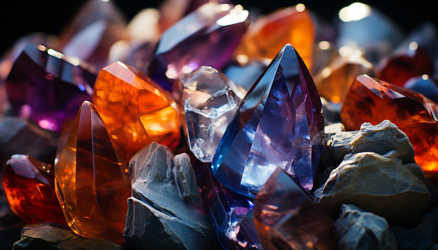 Extreme close-up of crystals, showcasing their geometric shapes and vibrant colors.
