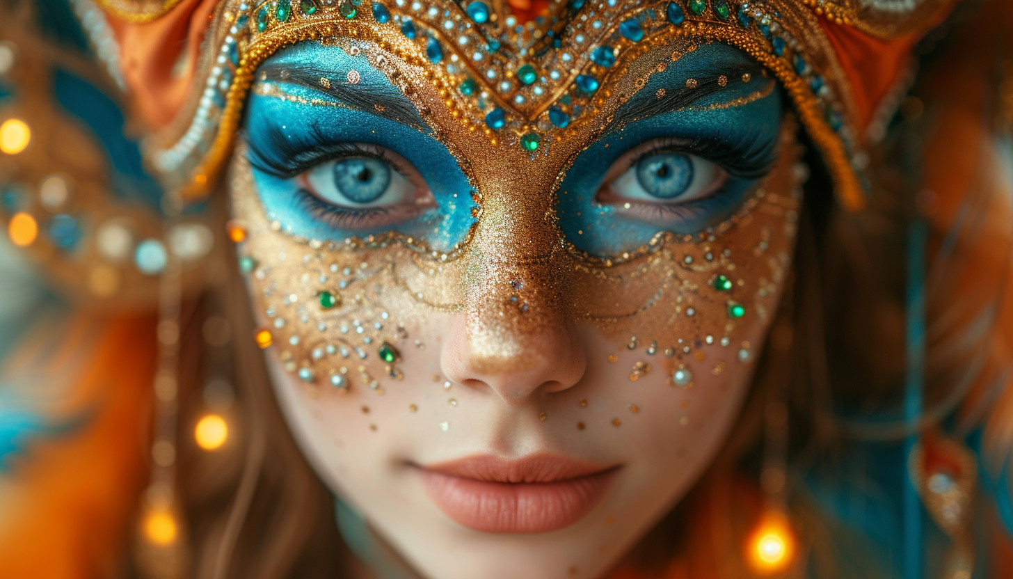 Attend a lavish masquerade ball in a Venetian palace, with ornate masks, candlelit chandeliers, and guests dancing under the starry night sky.