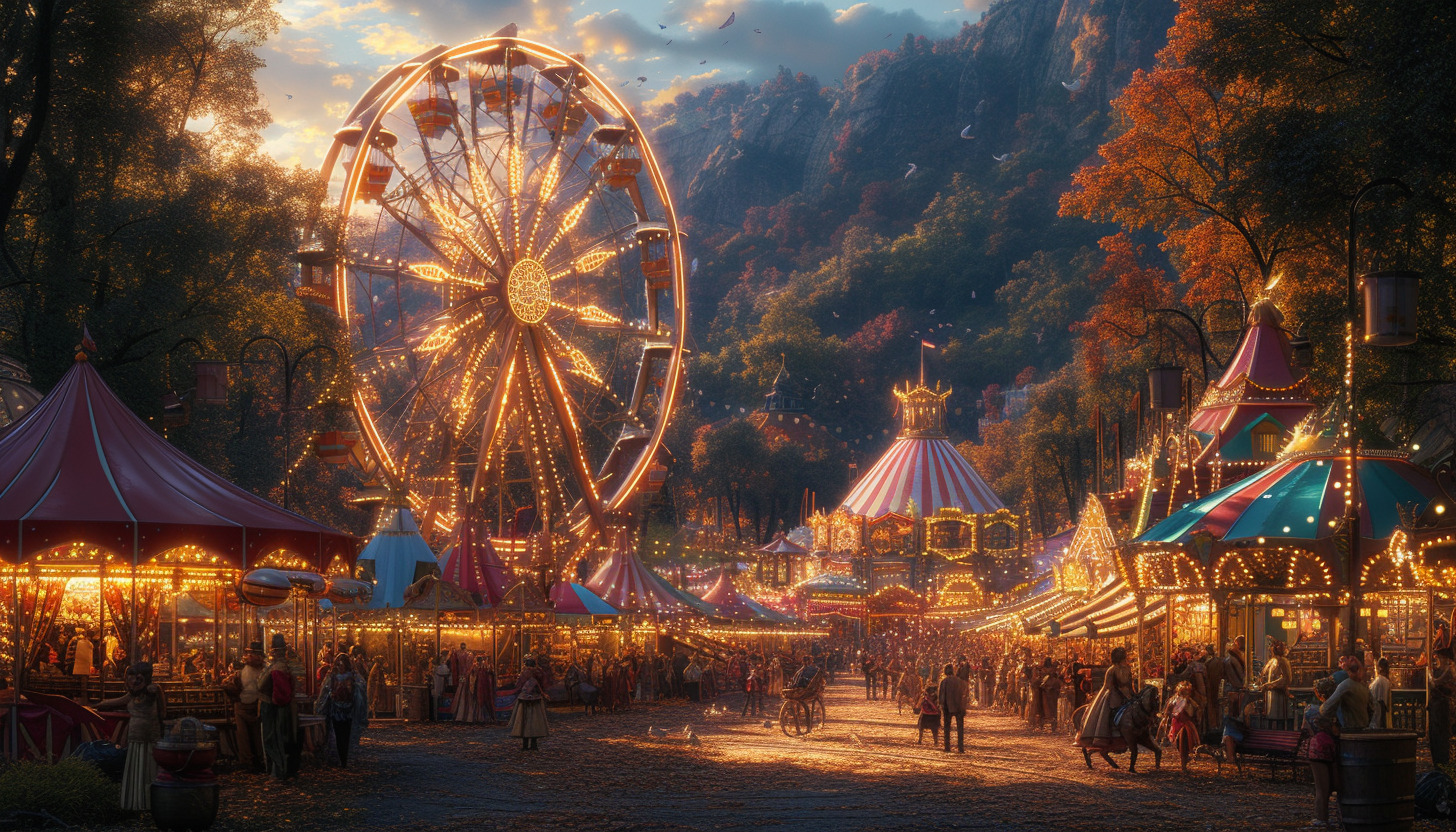 Vibrant carnival scene with a Ferris wheel, colorful tents, performers in elaborate costumes, and a crowd enjoying various games.