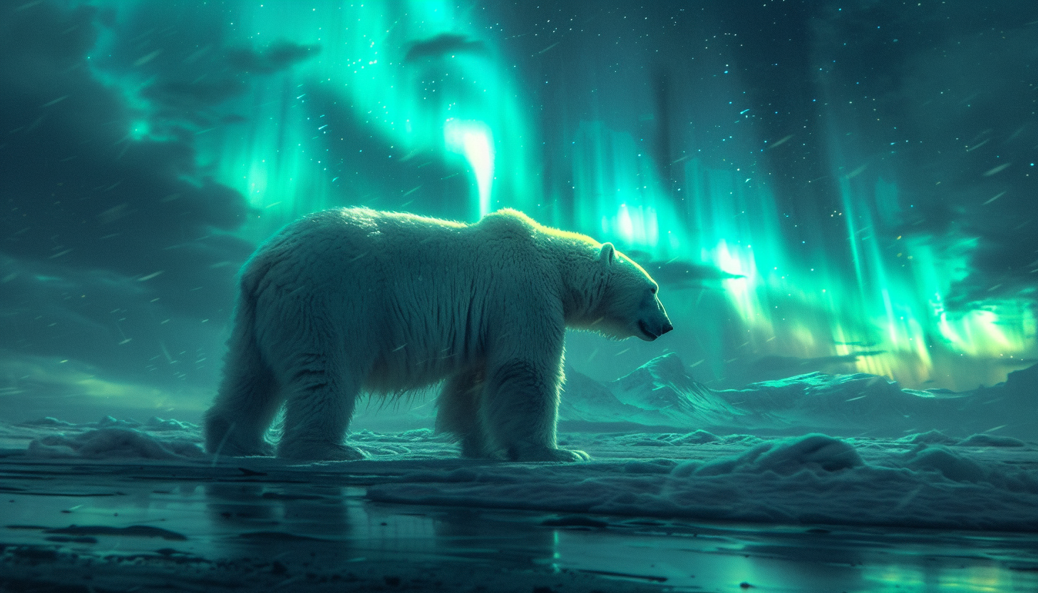 Visualize an Arctic landscape with snow-covered mountains, polar bears, and the mesmerizing dance of the Northern Lights in the night sky.