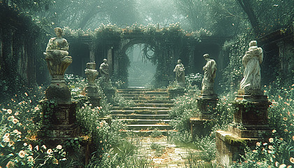 Discover a secret garden hidden within an overgrown maze, filled with hidden treasures, enchanting statues, and a sense of mystery.