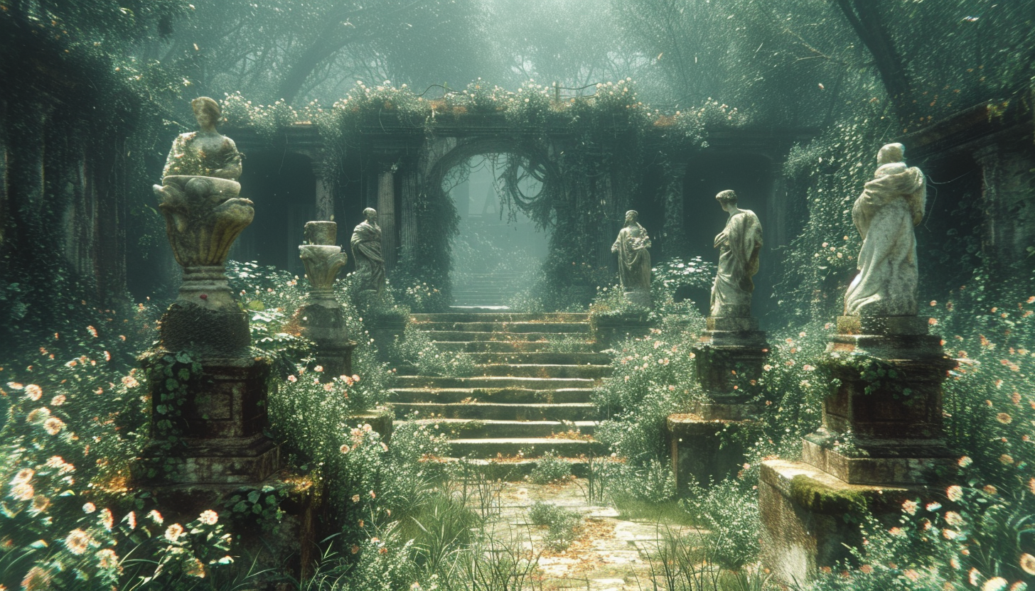 Discover a secret garden hidden within an overgrown maze, filled with hidden treasures, enchanting statues, and a sense of mystery.