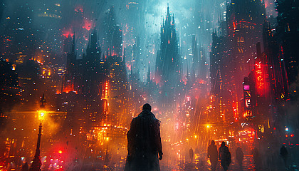 Immerse yourself in a dystopian cyberpunk cityscape, where towering megacorporation buildings cast shadows over neon-lit streets.