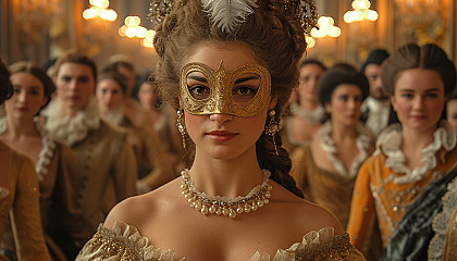 Attend a lavish masquerade ball in a Baroque palace, where masks and elaborate costumes conceal identities as guests waltz under crystal chandeliers.