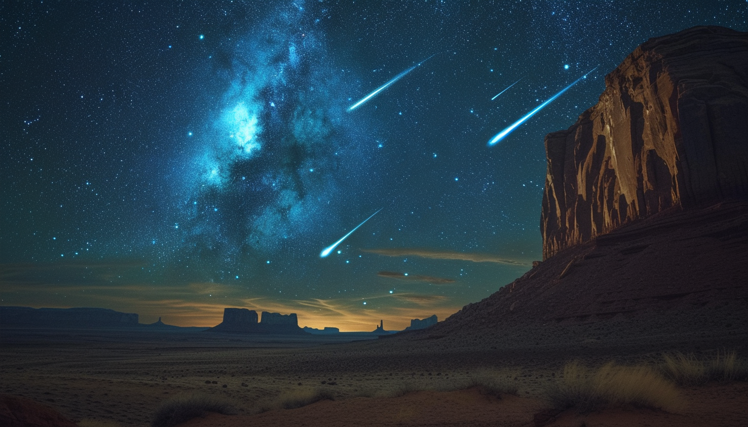 Witness a breathtaking meteor shower in a desert landscape, with shooting stars streaking across the vast, open night sky.