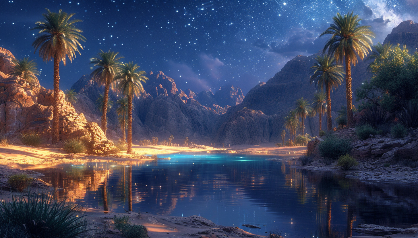 Nighttime in a desert oasis under a canopy of stars, with palm trees surrounding a small, serene pool of water, and the gentle rustling of nocturnal creatures.