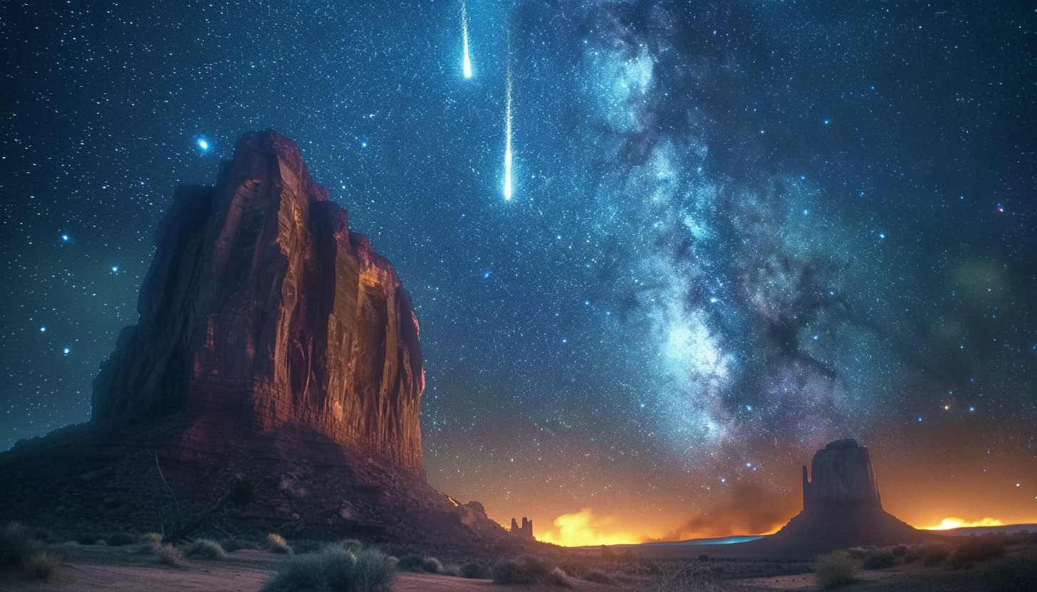 Witness a breathtaking meteor shower in a desert landscape, with shooting stars streaking across the vast, open night sky.