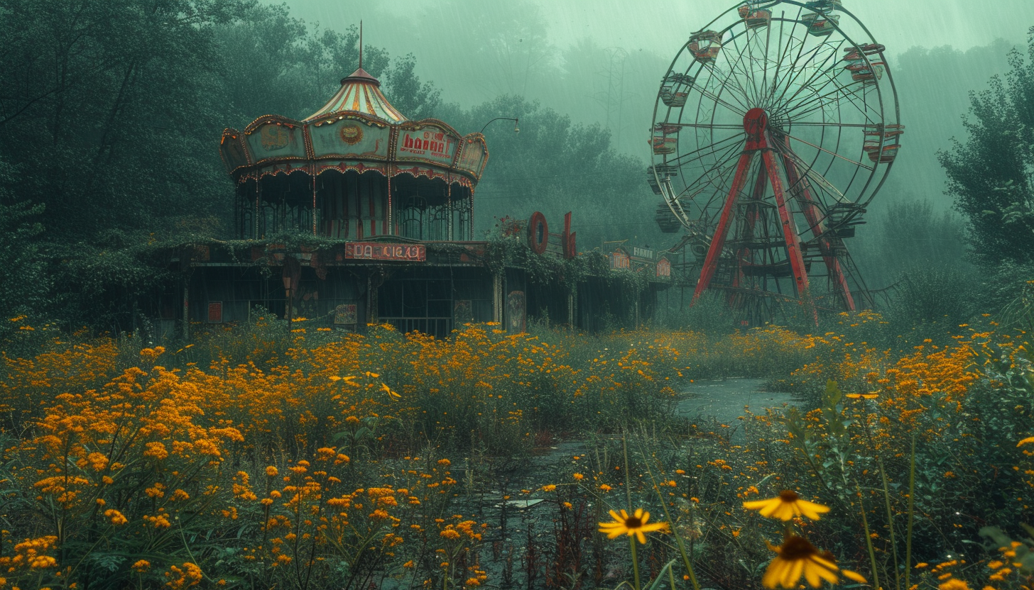 Uncover the mysteries of an abandoned, overgrown amusement park, with rusting rides, faded signs, and a haunting atmosphere of nostalgia.