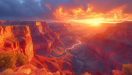 Majestic view of a rugged canyon landscape at sunset, with deep red and orange hues, shadows playing across the vast rock formations, and a winding river below.
