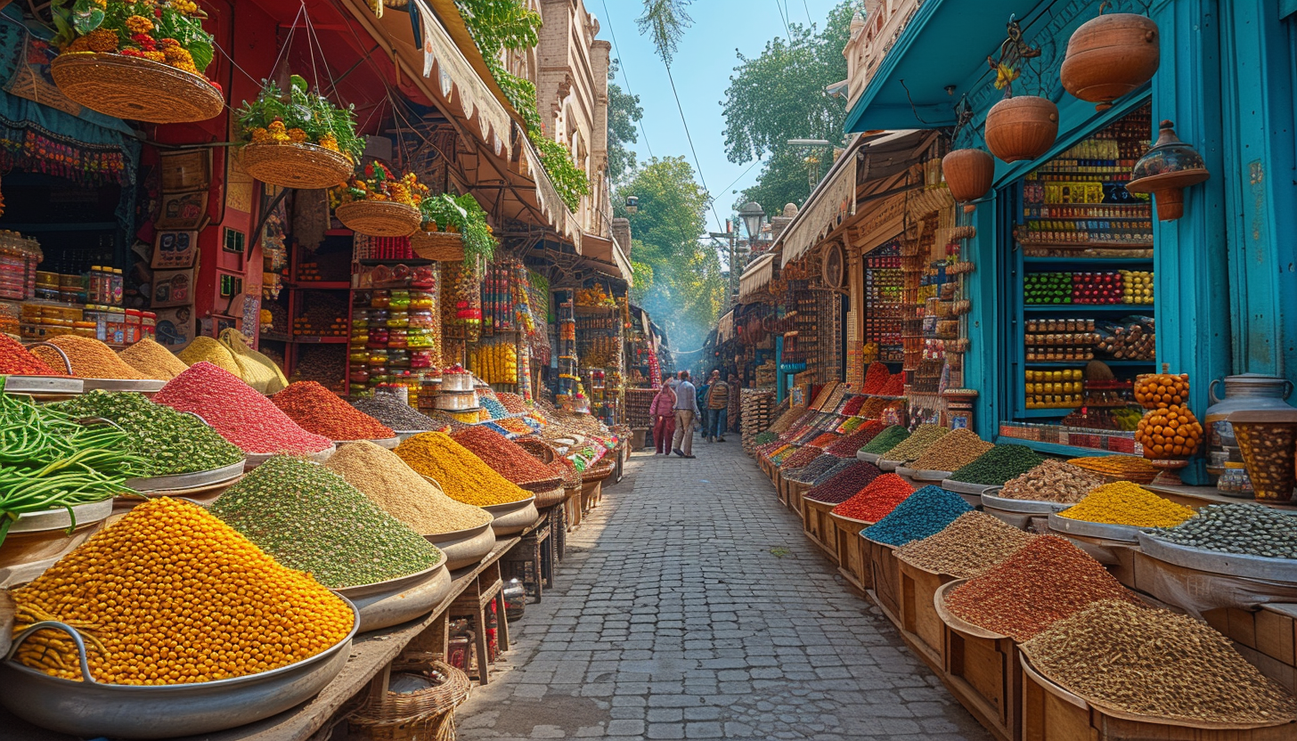 A vibrant Indian marketplace, with colorful stalls, spices, fabrics, and the hustle and bustle of daily life.