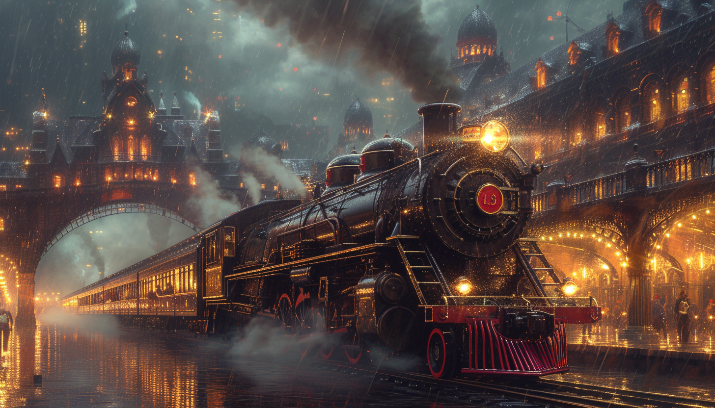 Roam through a Victorian-era steam locomotive station, with billowing steam, grand arches, and travelers from a bygone era.