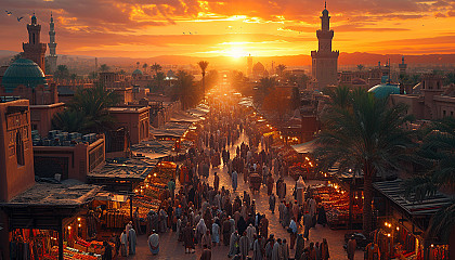 Traditional Arabian market at sunset, with spice stalls, rich textiles, bustling crowds, and a view of the desert and camels in the distance.