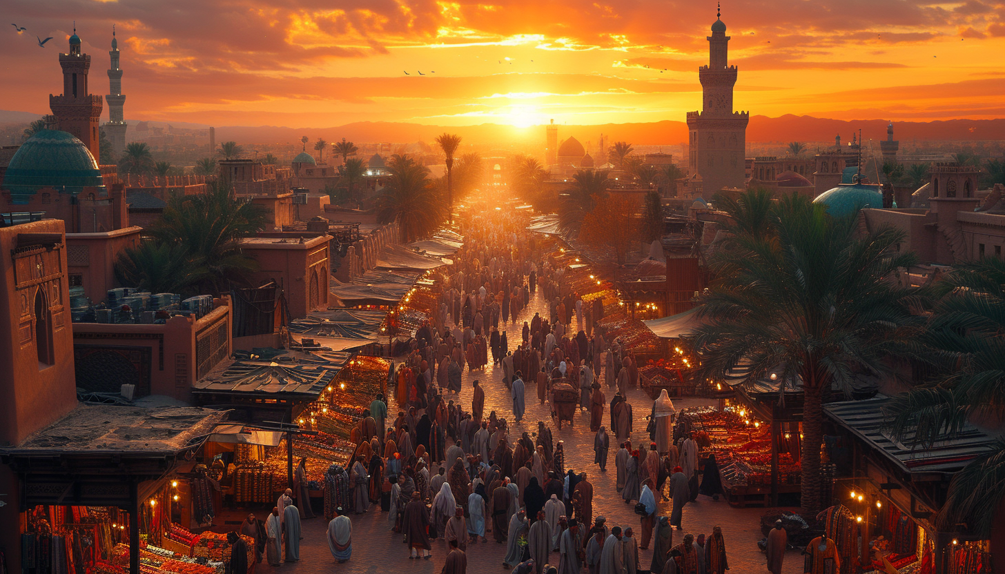 Traditional Arabian market at sunset, with spice stalls, rich textiles, bustling crowds, and a view of the desert and camels in the distance.