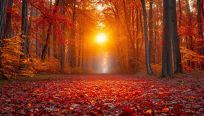 Vibrant autumn scene in a deciduous forest, with leaves in shades of red, orange, and yellow, a carpet of fallen leaves, and soft sunlight creating a warm, inviting glow.