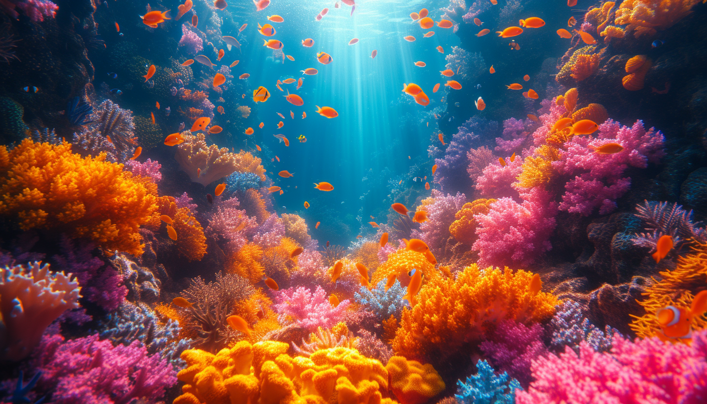 Journey to a vibrant underwater kingdom, where exotic marine life swims among intricately colorful coral reefs and the secrets of the deep are unveiled.