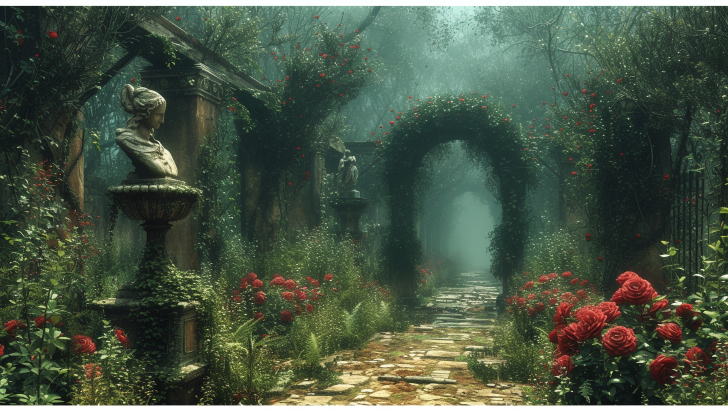 Discover a secret garden hidden within an overgrown maze, filled with hidden treasures, enchanting statues, and a sense of mystery.