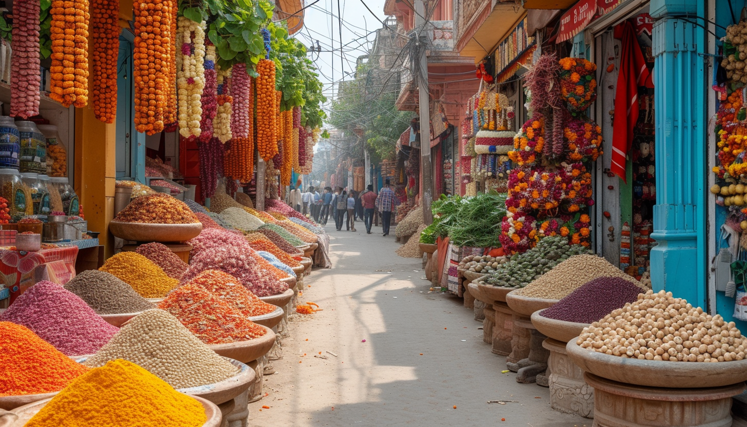 A vibrant Indian marketplace, with colorful stalls, spices, fabrics, and the hustle and bustle of daily life.