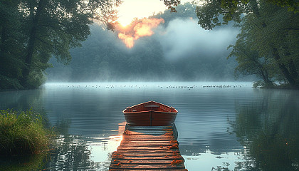 Tranquil lakeside retreat at dawn, with a wooden pier, rowboat, ducks swimming, and mist rising from the water.