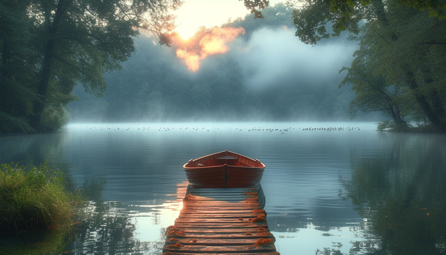 Tranquil lakeside retreat at dawn, with a wooden pier, rowboat, ducks swimming, and mist rising from the water.