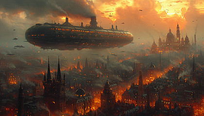 Navigate a dieselpunk cityscape, where steam-powered machinery, towering smokestacks, and airships define the industrial age.